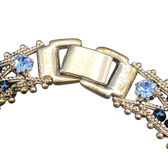 Vintage Silver Tone Faux Blue Sapphire Bracelet Filigree Bead  7" Art Deco Style - Picture 5 of 7